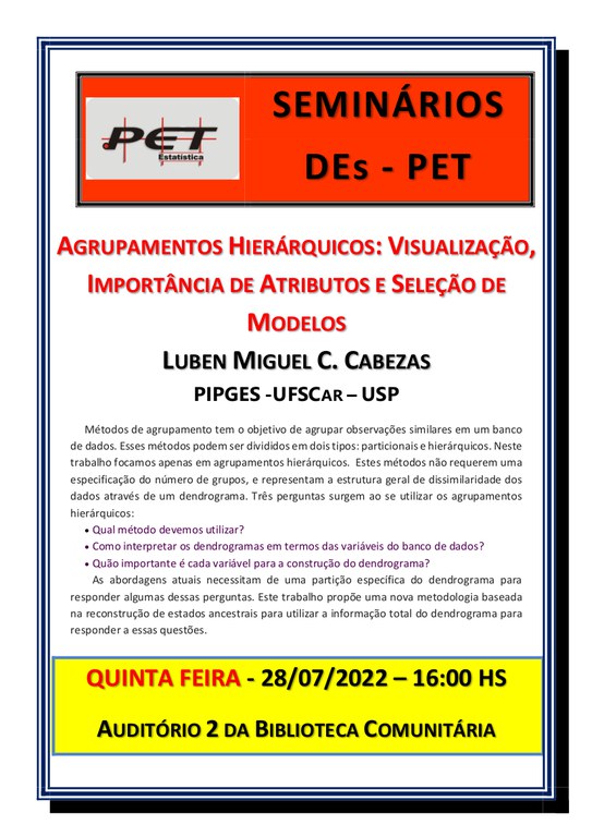 Seminario PET: Agrupamentos hierárquicos: visualização, importância de atributos e seleção de modelos